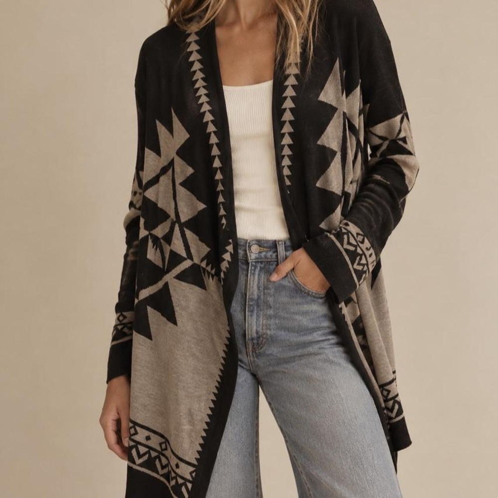 Staccato Western Southwestern Long Duster Cardigan S/M Black Taupe